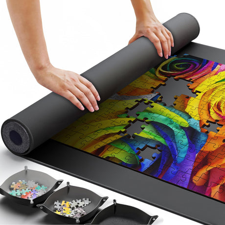 Puzzle Mat Jigsaw Puzzle Mat and 3 Puzzle Trays, Puzzle Mat Roll Up 51”x31”, Portable Large Puzzle Mat Organizer Up to 2000 Pcs, No Creases to Your Finished and Unfinished Puzzles, Rubber Puzzle Mats YUPYY