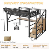 Mirightone Full Size Loft Bed with Stairs & Desk, Metal Loft Bed Frame with LED and Charging Station, High Loft Beds Gaming Lofted Full Bed with Storage Shelf for Kids and Teens (Black+Natural) Mirightone