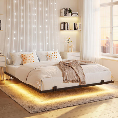 Koorlian Queen Size Floating Bed Frame with RGB LED Lights and Anti-Slip Mattress Stoppers - WoodArtSupply