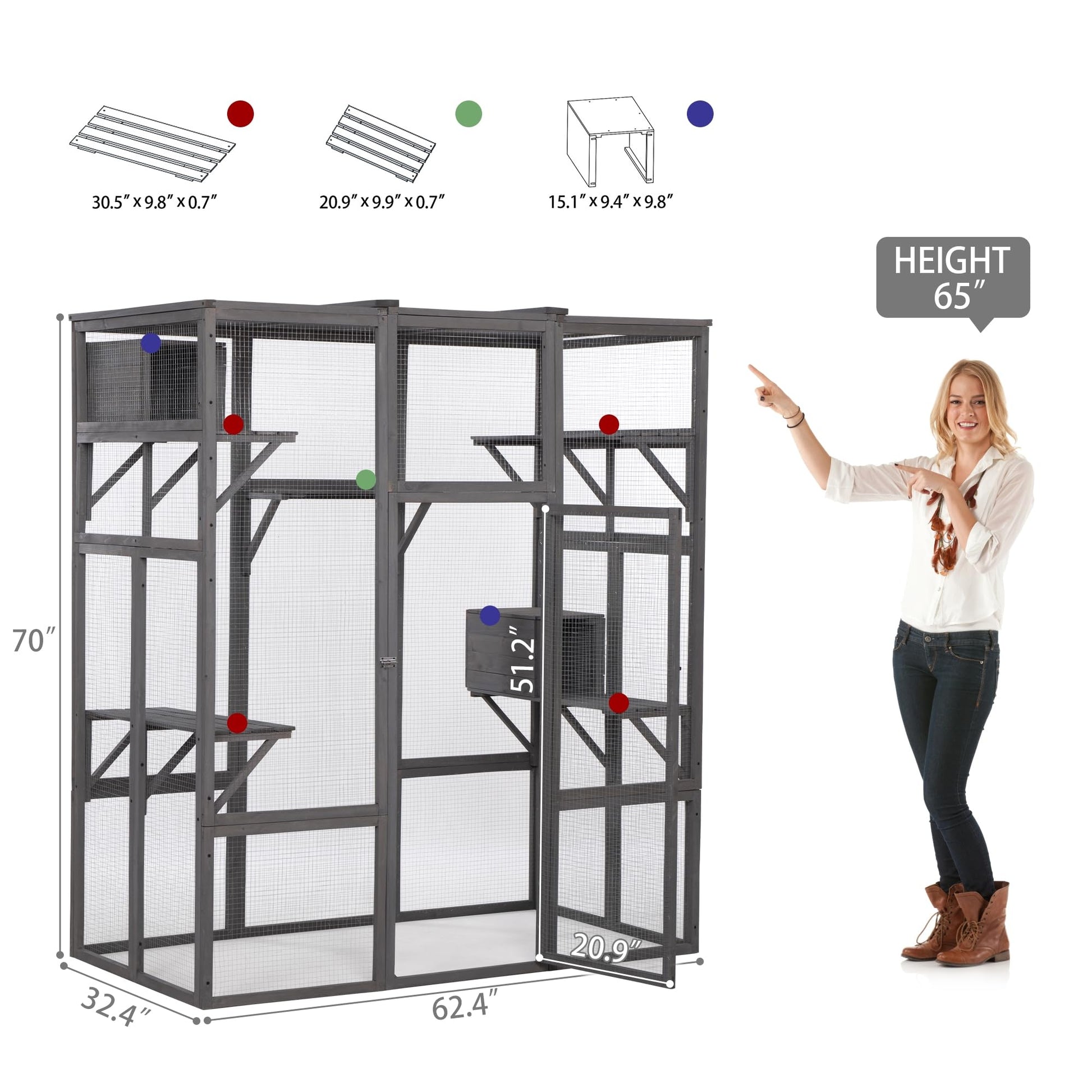 OELUBBY Large Cat Enclosure Wooden Cage Catio Pet Outdoor Playhouse Run House with Hiding Boxes and Solar Top, Pet Kennel Playpen with Jumping Activity Platforms 63'' x 33'' x 70'', Gray - WoodArtSupply