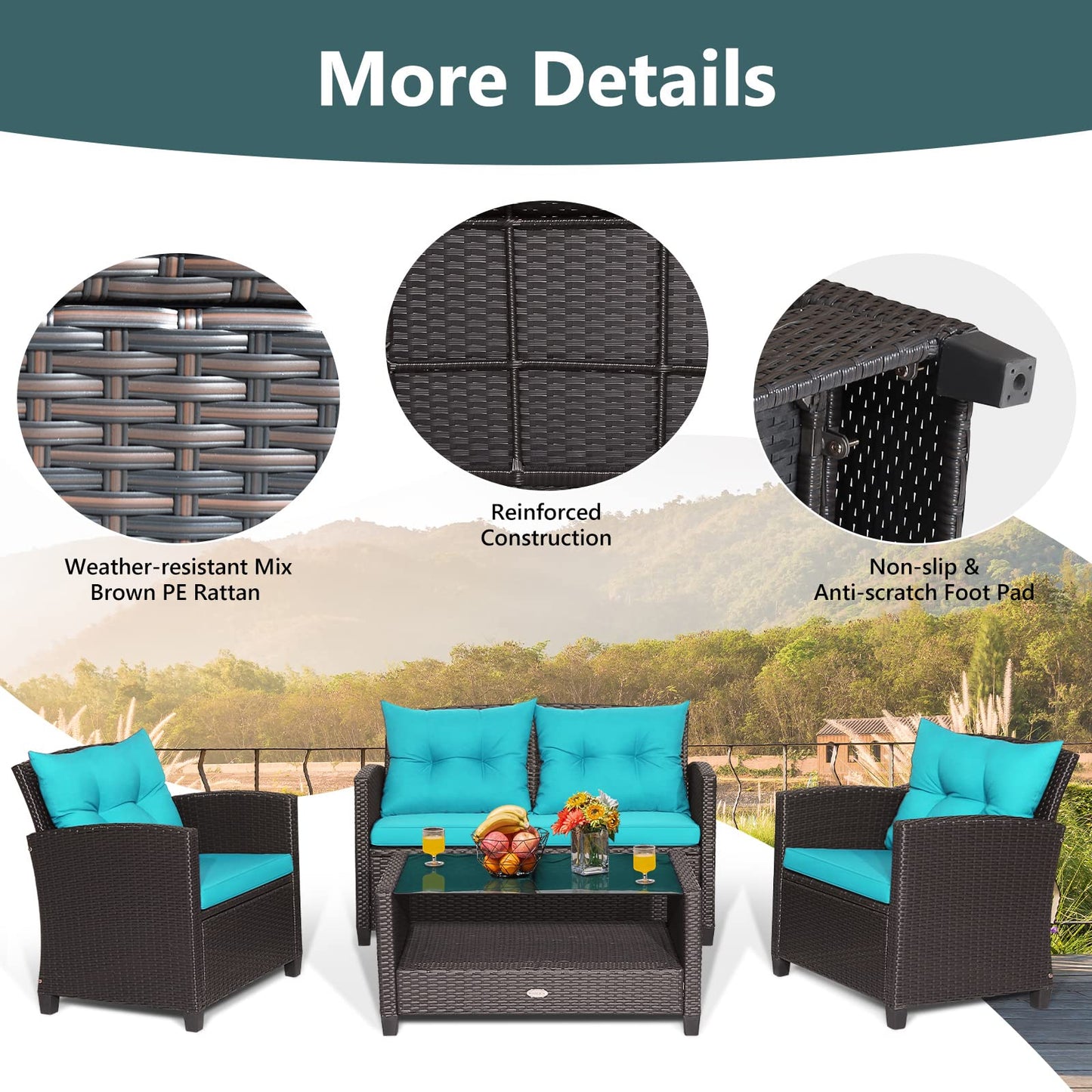 Tangkula 4-Piece Patio Furniture Set, Rattan Wicker Chair Set with 1 Loveseat, 2 Single Sofas, 1 Coffee Table with Tempered Glass Top, Outdoor Furniture Sets for Backyard, Porch, Garden and Poolside