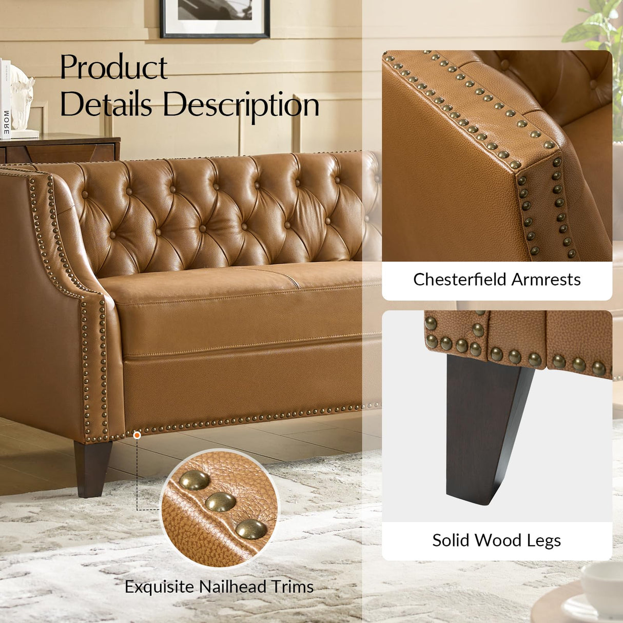HULALA HOME 84" Genuine Leather Sofa Couch with Solid Wood Legs, Button-Tufted Chesterfield 3-Seater Sofa, Mid Century Modern Upholstered Couch for Living Room, Entertainment Area, Apartment, Camel HULALA HOME