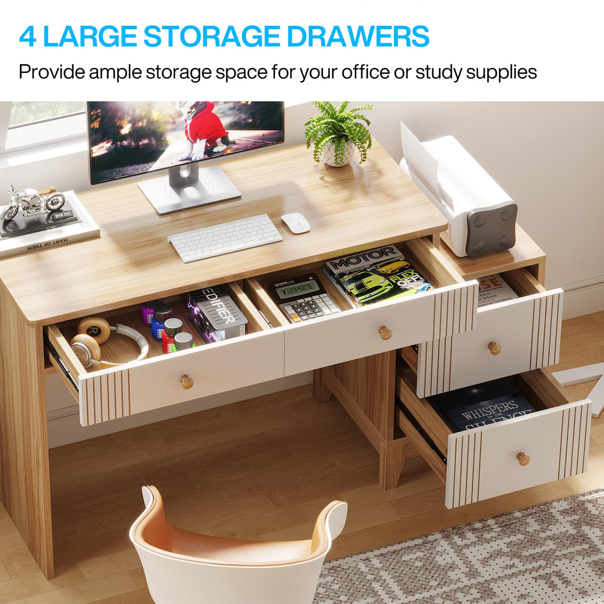 Tribesigns Computer Desk with 4 Drawers, 51-Inch Home Office Desks with Storage, Modern Wooden Executive Desk Study Writing Table Workstation for Small Space, Bedroom Tribesigns