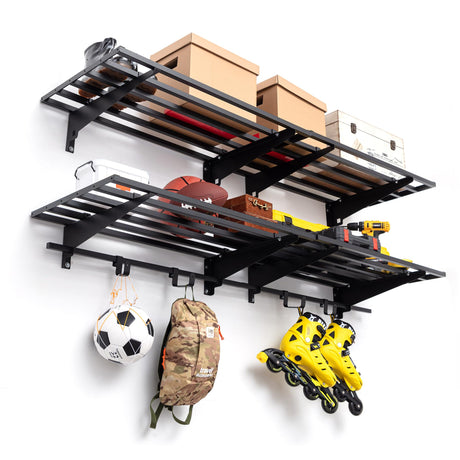 WAREYEASY Garage Wall Shelving with Hooks,2-Pack 1.64 x 6ft Garage Storage Rack,Loads 1050 lbs 20-inch-by-72-inch Heavy Duty Metal Wall Shelf,20” x 72” Garage Wall Shelves,Black WAREYEASY