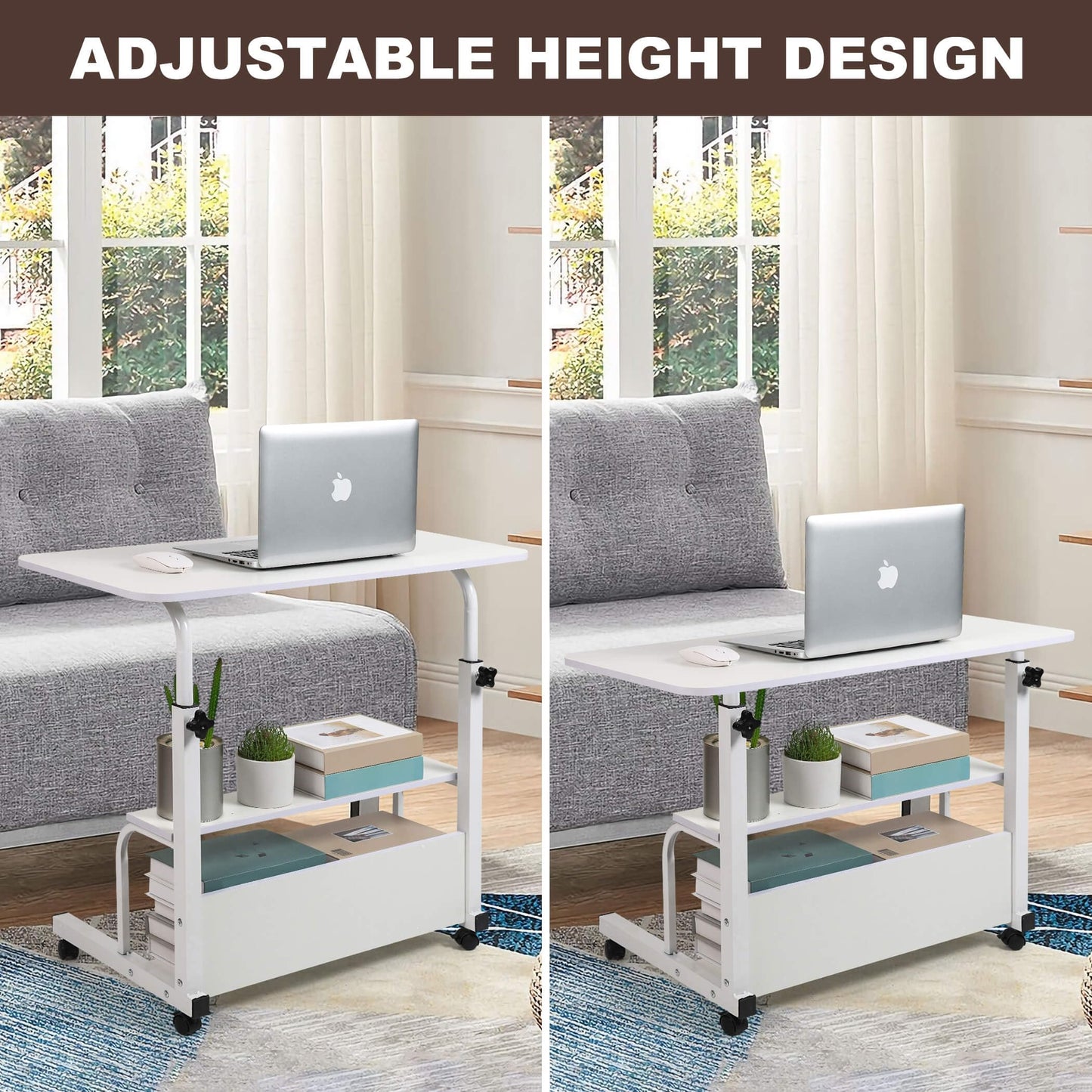 Adjustable Height Mobile Computer Desk for Small Space Rolling Writing with Wheels Corner Home Office Study Portable Bedrooms Work Desk Standing Desk Sizes 31.5X15.7 Inches White