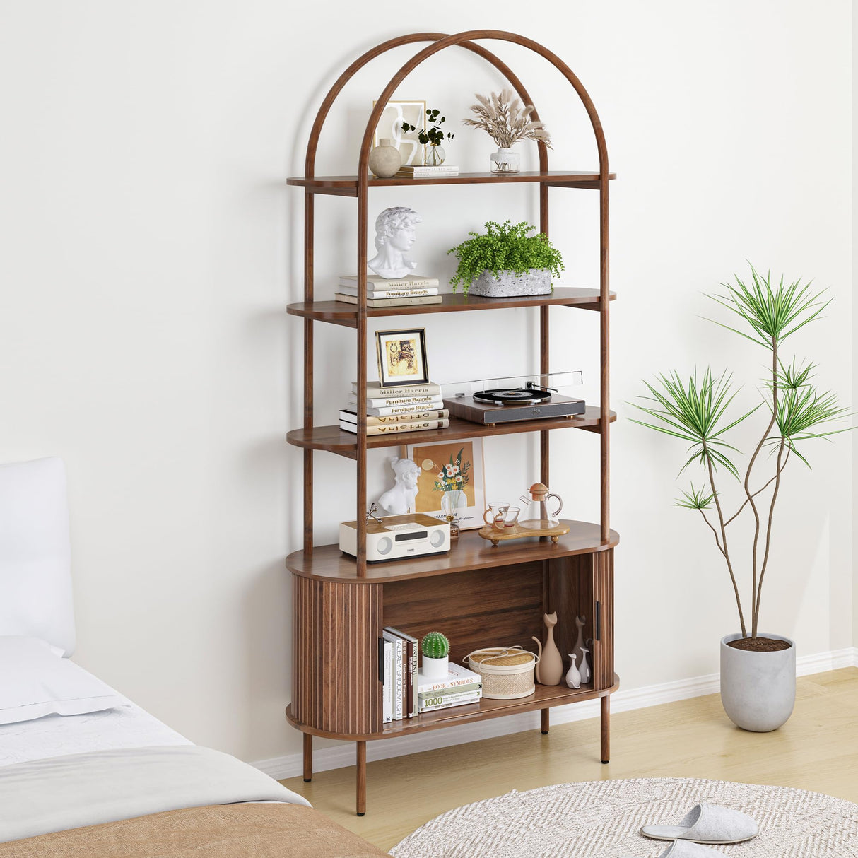 79" Tall Arched Bookshelf with Sliding Tambour Doors, Mid Century Modern Curved Bookcase Cabinet with Storage, 4-Tier Open Display Storage Shelf for Home Office,Living Room (Walnut, 79inch) Janmer Home