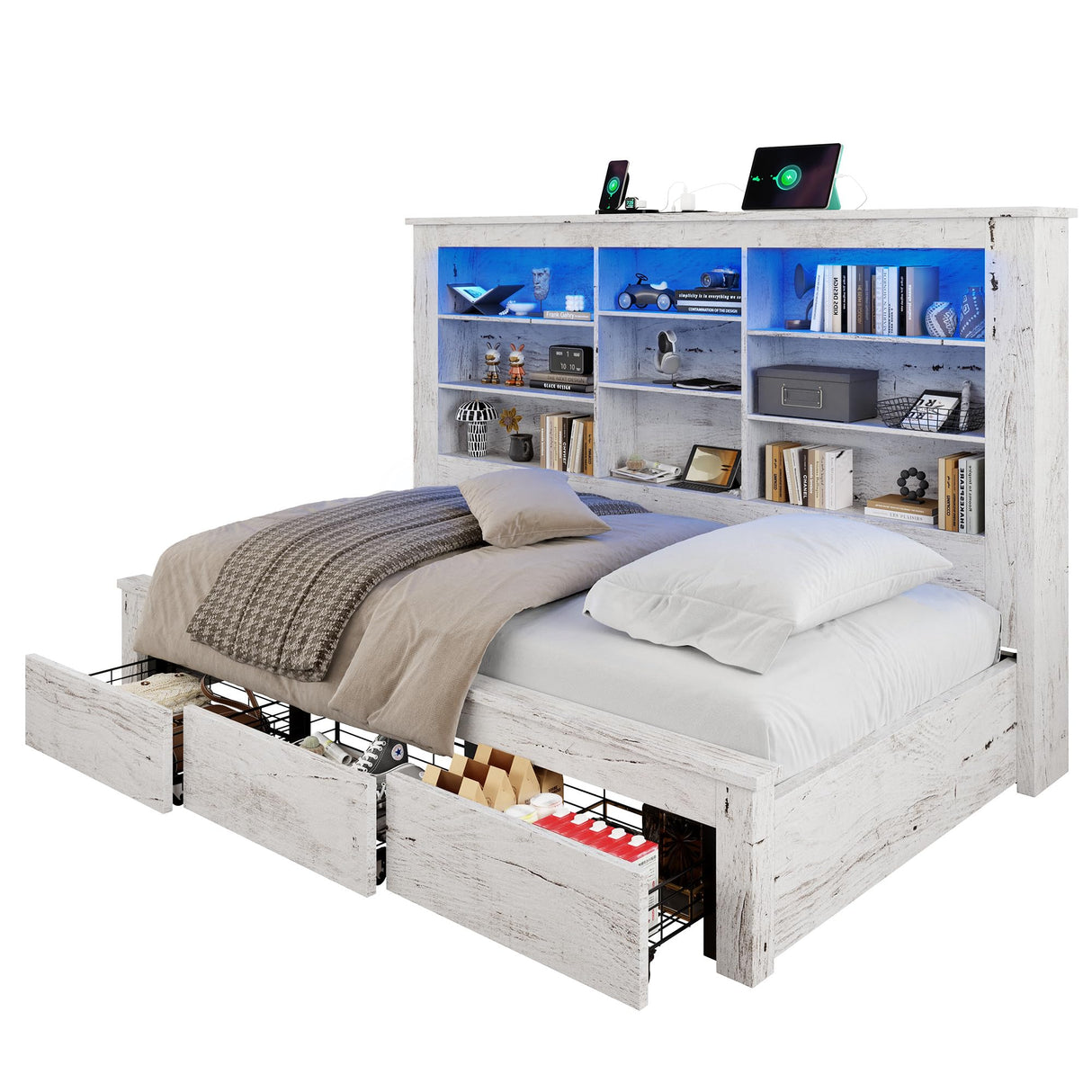 Jocisland Twin Daybed with Bookcase Headboard, USB-C Charging, RGB Lights ＆ 3 Drawers, No Box Spring Needed, Farmhouse Wood Bed Frame for Teens, Dorms, Guest Room, Distressed White Jocisland
