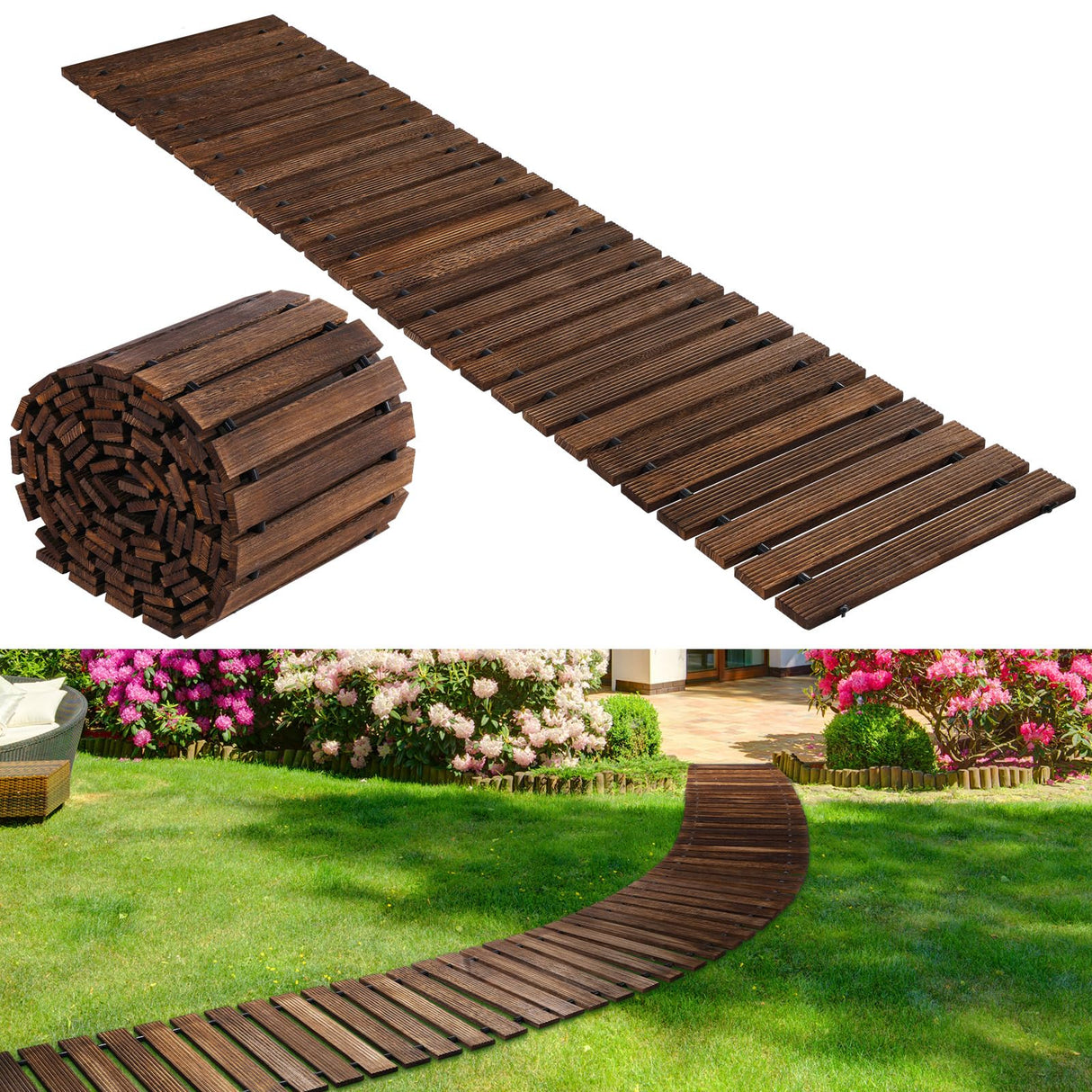 Landical 24ft Wooden Garden Pathway with Non Slip Surface Roll Out Garden Boardwalk Walkways Road Floor Pathway Rustic Path Decorative Patio Pavers for Outdoor Garden Beaches Wedding Party Landical