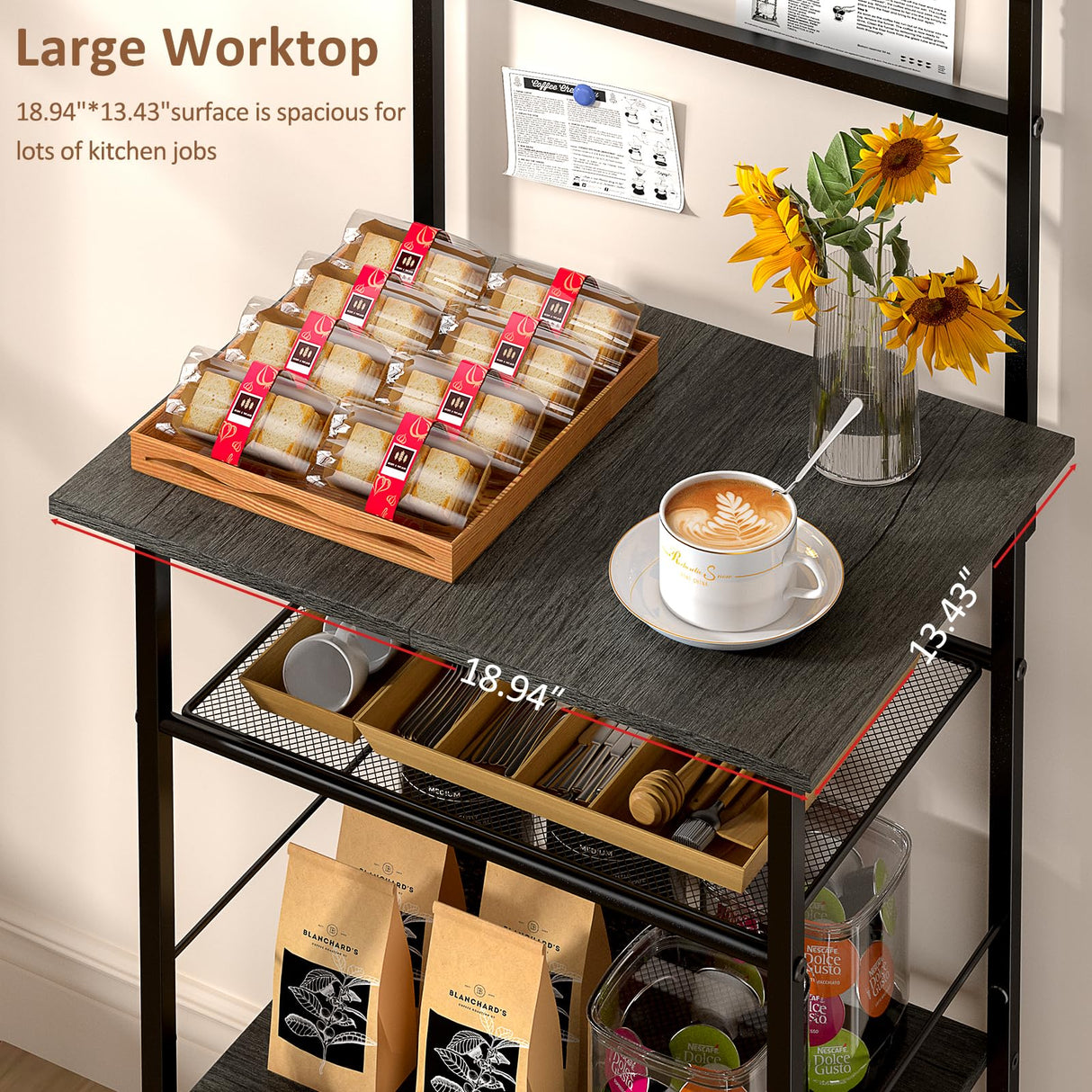 5 Tier Coffee Bar Station, Coffee Stand Station with 4 S-Shaped Hooks, Farmhouse Corner Coffee Bar for Small Spaces, Bakers Rack for Kitchen, Entryway, Living Room, 13.43"D x 18.93"W x 53.31"H,Gray DAOUTIME