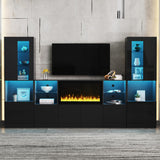 Merax High Gloss TV Stand with 34.2" Non-Heating Electric Fireplace, Modern LED Entertainment Center & Two Tall Pantry Cabinets and Tempered Glass Shelves, Media Console Set for TVs up to 75", Black Merax