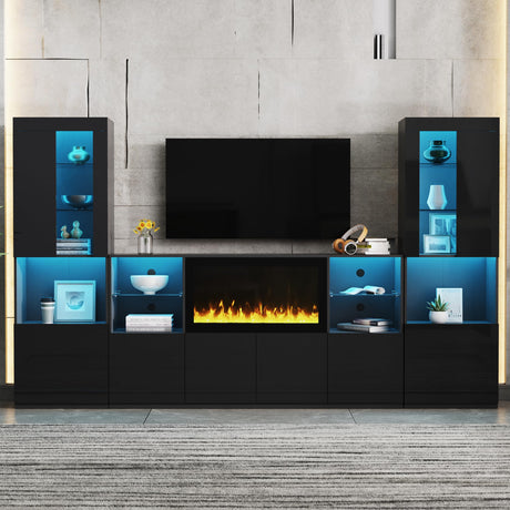 Merax High Gloss TV Stand with 34.2" Non-Heating Electric Fireplace, Modern LED Entertainment Center & Two Tall Pantry Cabinets and Tempered Glass Shelves, Media Console Set for TVs up to 75", Black Merax