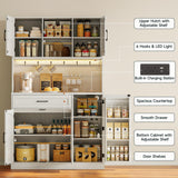 Lefurture 71” Tall Kitchen Pantry Cabinet with LED Light & Outlet & Drawer, Pantry Storage Cabinet with Microwave Shelf & 6 Hooks, Kitchen Hutch with Door Shelves & Adjustable Shelves, for Dining Room Lefurture