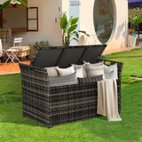 Patiomore 90 Gallon Outdoor Wicker Storage Bench with Cushion, Patio PE Rattan Deck Box with Handles (Gray), Grey Patiomore