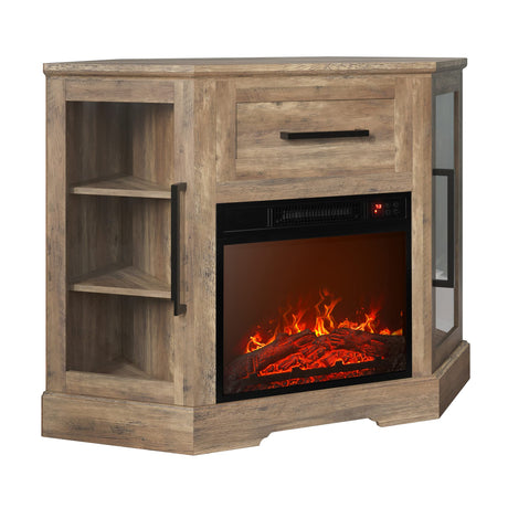 BELLEZE 43" Corner TV Stand with 18" Electric Fireplace Heater for TVs up to 43", Modern Corner Wood Entertainment Center with Glass Door Storage Cabinets - Dale (Rustic Oak) BELLEZE