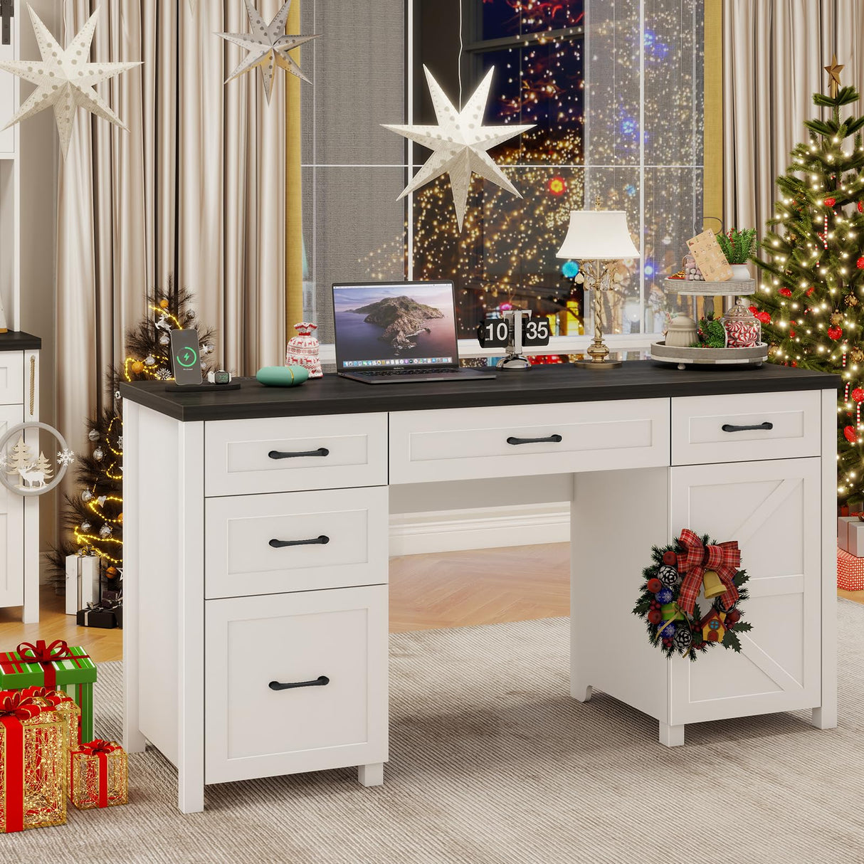 Farmhouse 61'' Executive Desk with 5 Drawers, Rustic Office Desk Computer Desk with Charging Station, File Drawers and Storage Cabinet, Wood Workstation for Home Office and Study.(Black Top) Vabches