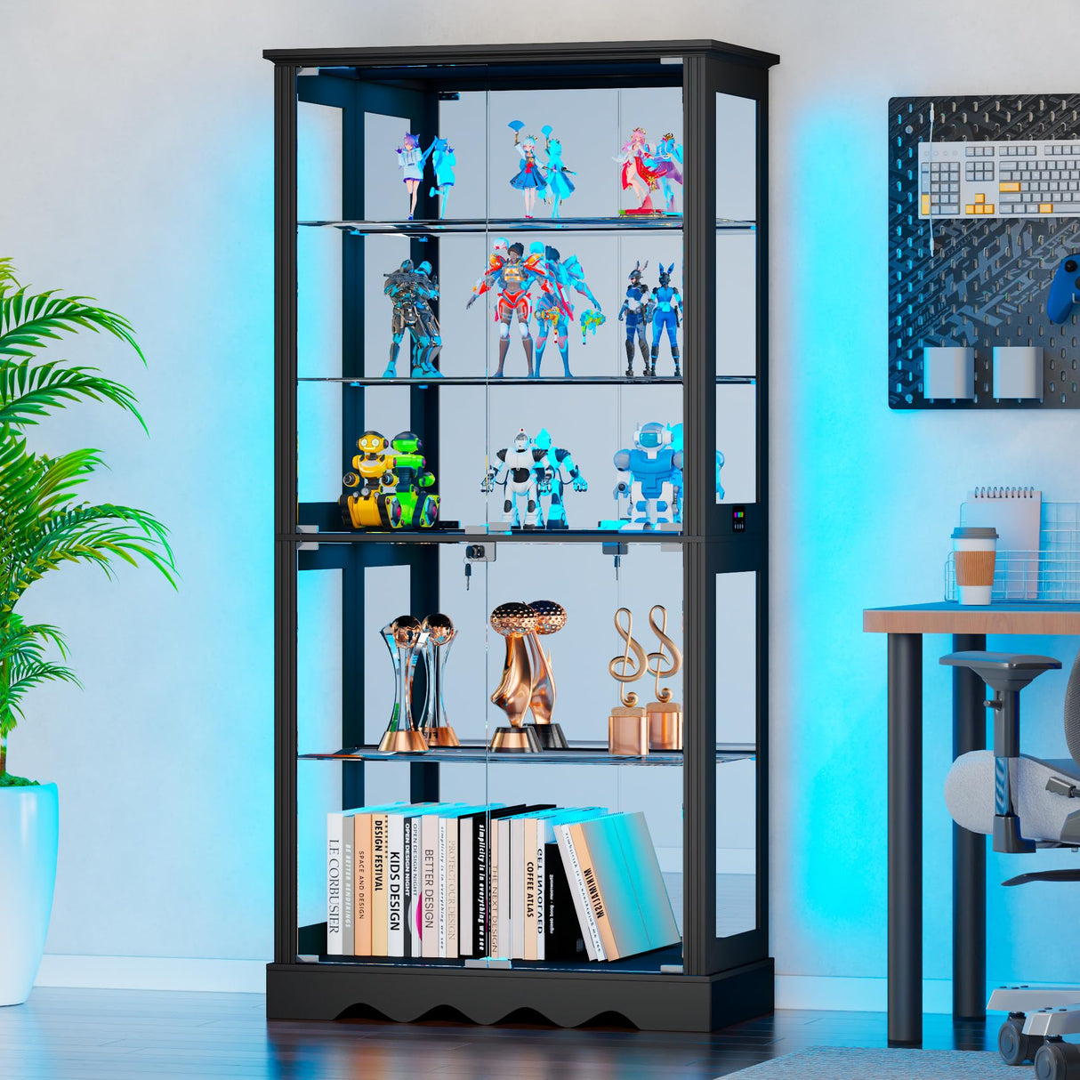 Dystler Display Cabinet with Glass Doors, 71'' Tall Curio Cabinet with RGB Lights for Collectibles, LED Display Case with Removable Shelf for Book/Medal/Figure, Black Dystler