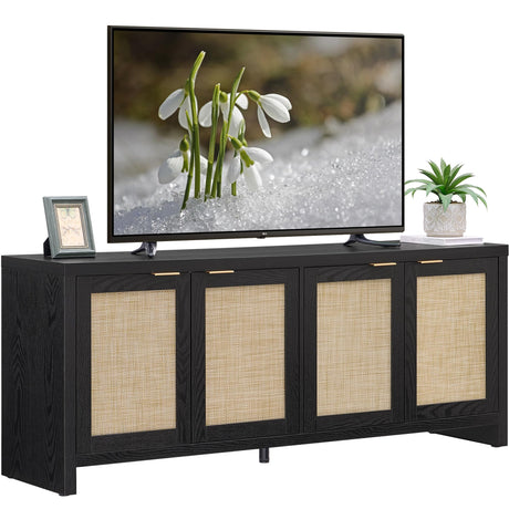SICOTAS TV Stand for Living Room Boho Entertainment Center for Bedroom with 4 Rattan Cabinets Farmhouse Television Stands with Storage Large Media Console Table for TVs up to 45 50 55 60 65 Inch SICOTAS
