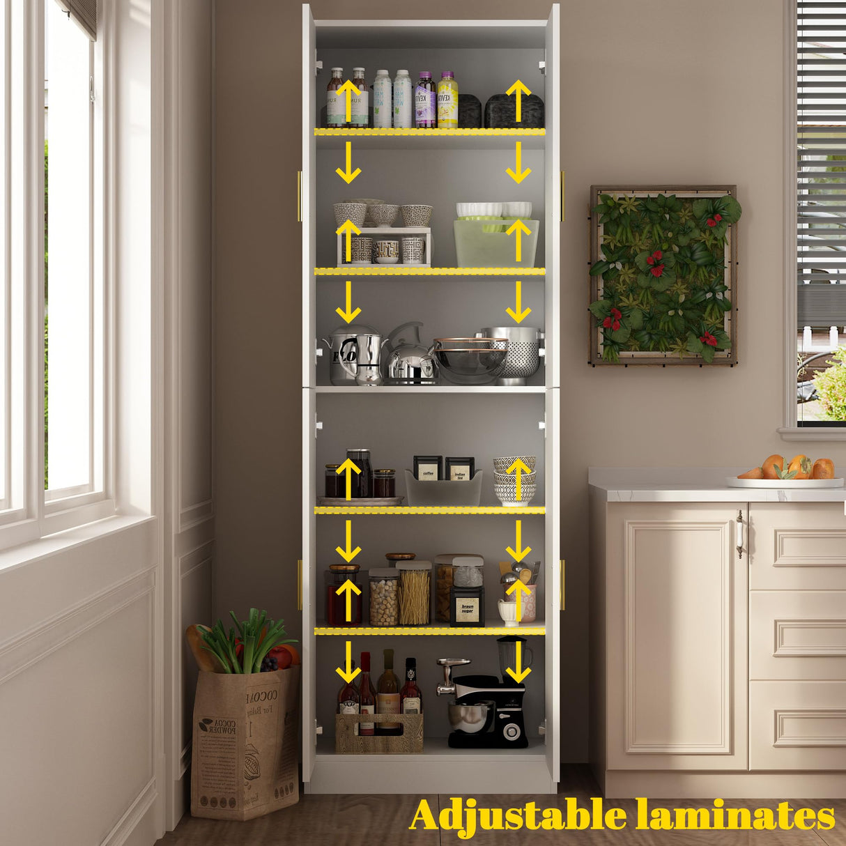 AGOTENI 6-Tier Storage Cabinet with Adjustable Shelves, Wooden Kitchen Pantry Freestanding Cupboard with 4 Doors for Living Room Kitchen Garage, White, 11.8" D x 23.2" W x 70.9" H AGOTENI