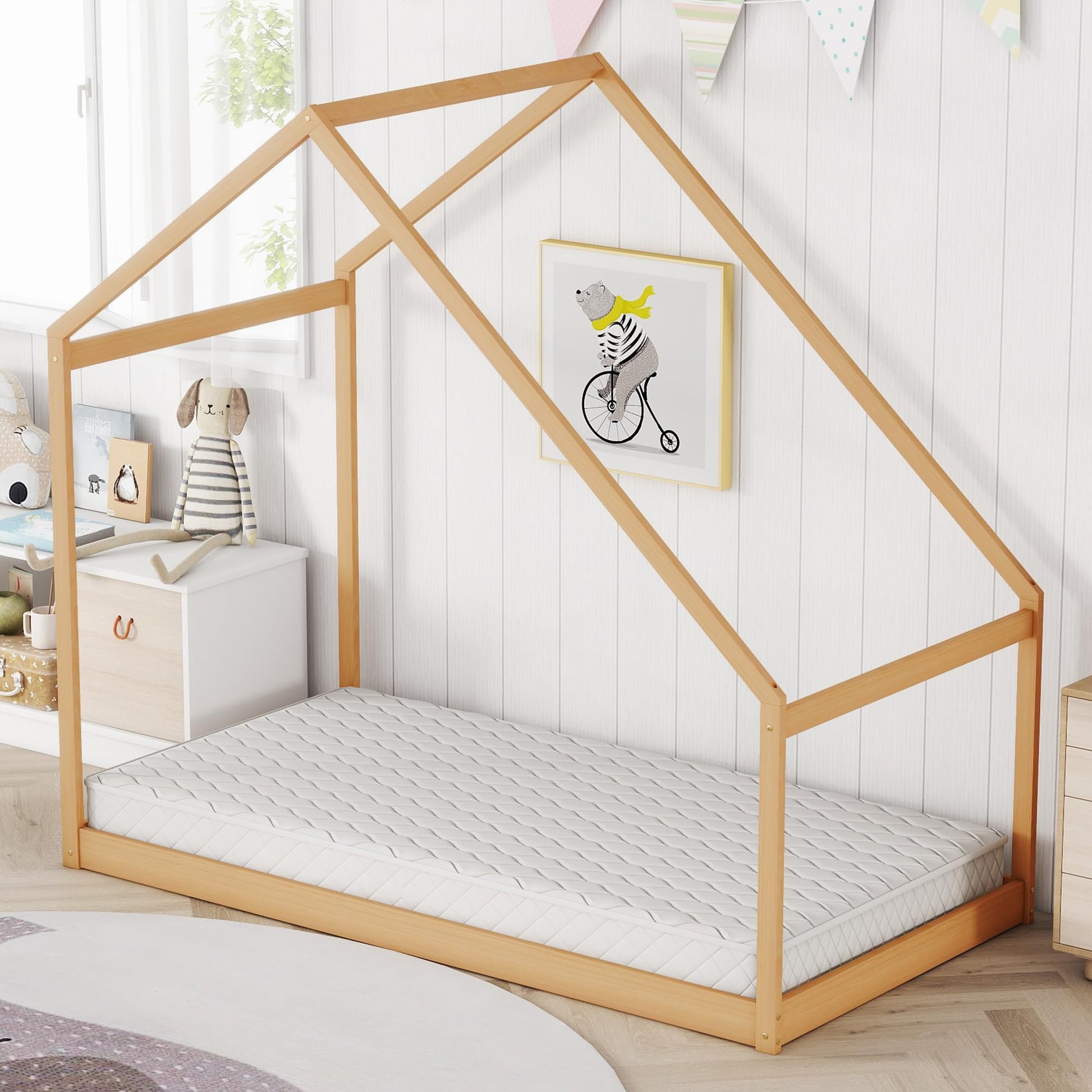 Merax Kids Twin Bed Frame with Rooftop, Montessori Wooden House Design, Sturdy and Easy to Assemble - WoodArtSupply