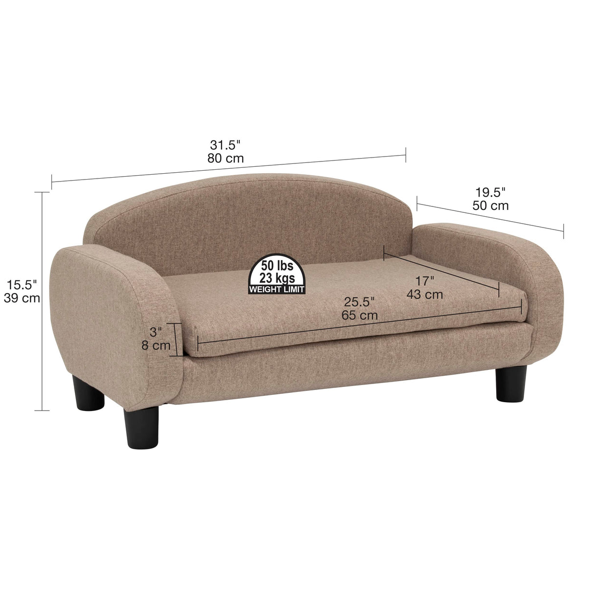 Paws & Purrs Modern Pet Sofa 31.5" Wide Low Back Lounging Bed with Removable Mattress Cover in Espresso/Sand Paws & Purrs