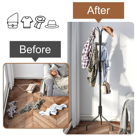 FILWH Coat Rack Freestanding Coat Tree Standing Coat and Hat Hanger Jacket Organizer Rack Metal,18.3" L x 18.3" W x 71.5" H, Black FILWH