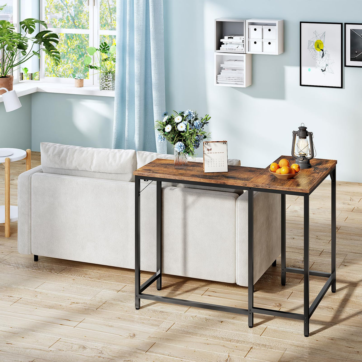 HOOBRO 63" Long Narrow Bar Table, Rectangular or L-Shaped Assembly Counter Height Bar Table, Vintage Industrial Style, for Living Room, Kitchen, Dining Room, Rustic Brown and Black BF69BT01 HOOBRO