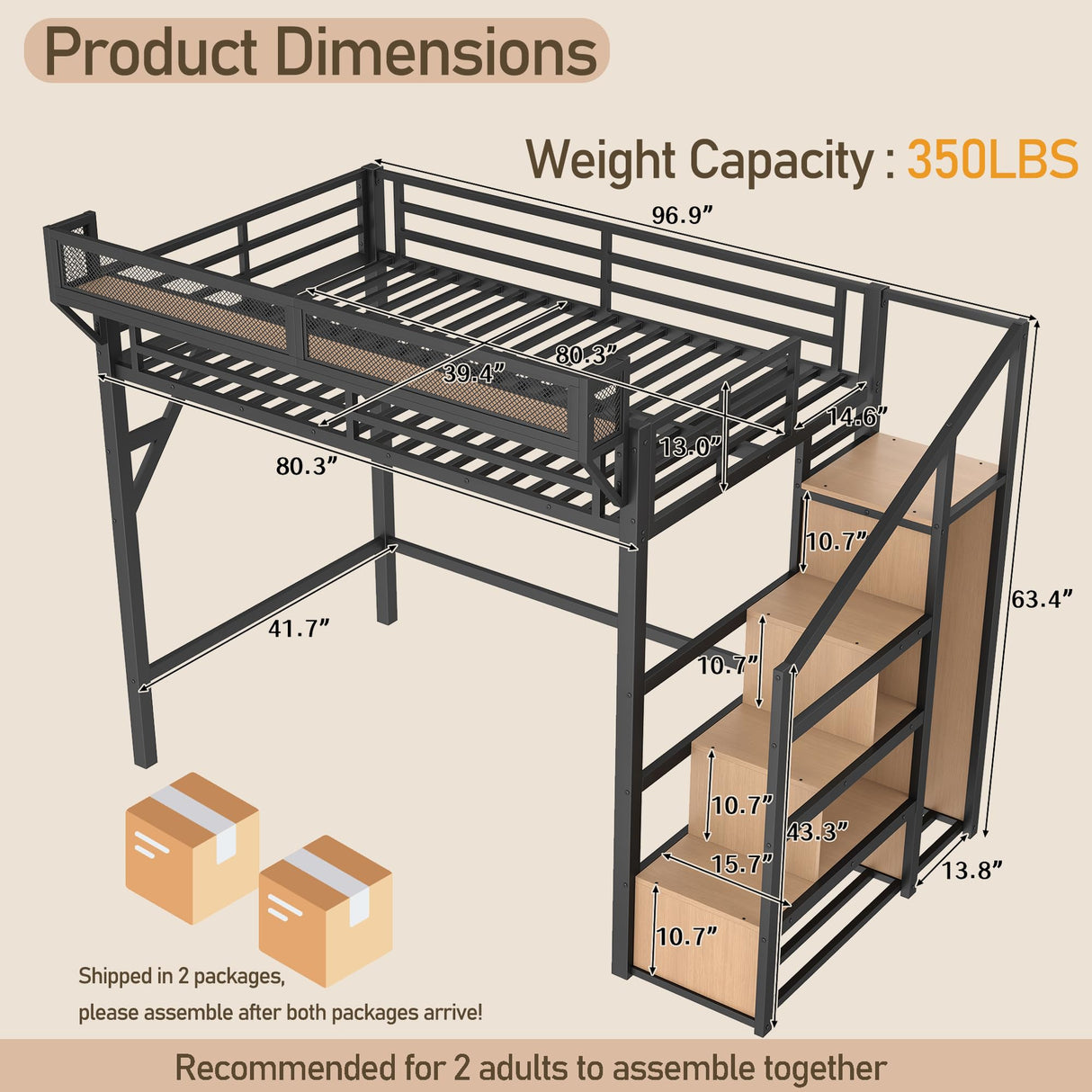 Bellemave Twin XL Loft Bed Frame with Storage Stairs, Beside Shelf & Wardrobe, Metal Loft Bed Twin XL with USB Ports & LED Light, Large Under-Bed Space Loft Beds for Adults, Teens, Kids, Black Natural Bellemave