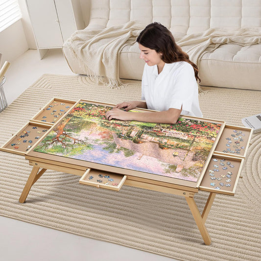 TALGIC Puzzle Table with 6 Drawers and Legs,1500 Pieces Folding Puzzle Board with Cover & Rotating Adjustable Puzzle Table for Adults.