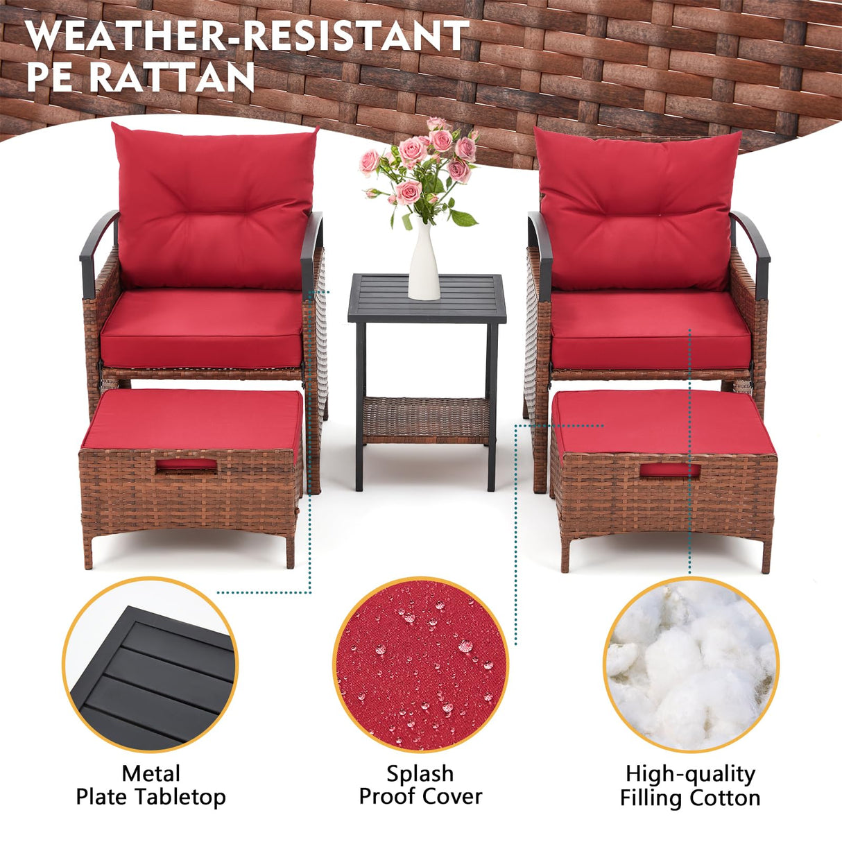 AVAWING 5 Pieces Patio Furniture Set, Outdoor Rattan Chairs with Metal Coffee Table, Ottomans & Soft Cushions, Wicker Conversation Bistro Set for Garden, Porch, Deck, Balcony (Red) AVAWING