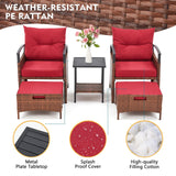 AVAWING 5 Pieces Patio Furniture Set, Outdoor Rattan Chairs with Metal Coffee Table, Ottomans & Soft Cushions, Wicker Conversation Bistro Set for Garden, Porch, Deck, Balcony (Red) AVAWING