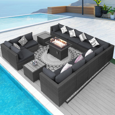 NICESOUL 15 Piece Outdoor Patio Furniture Set with Fire Pit, Extra Large Wide Outdoor Deep Seated Sectional, Cozy 29.3'' High-Back Modular Couch, 500 Lbs High Weight Capacity Wicker Sofa, Dark Gray