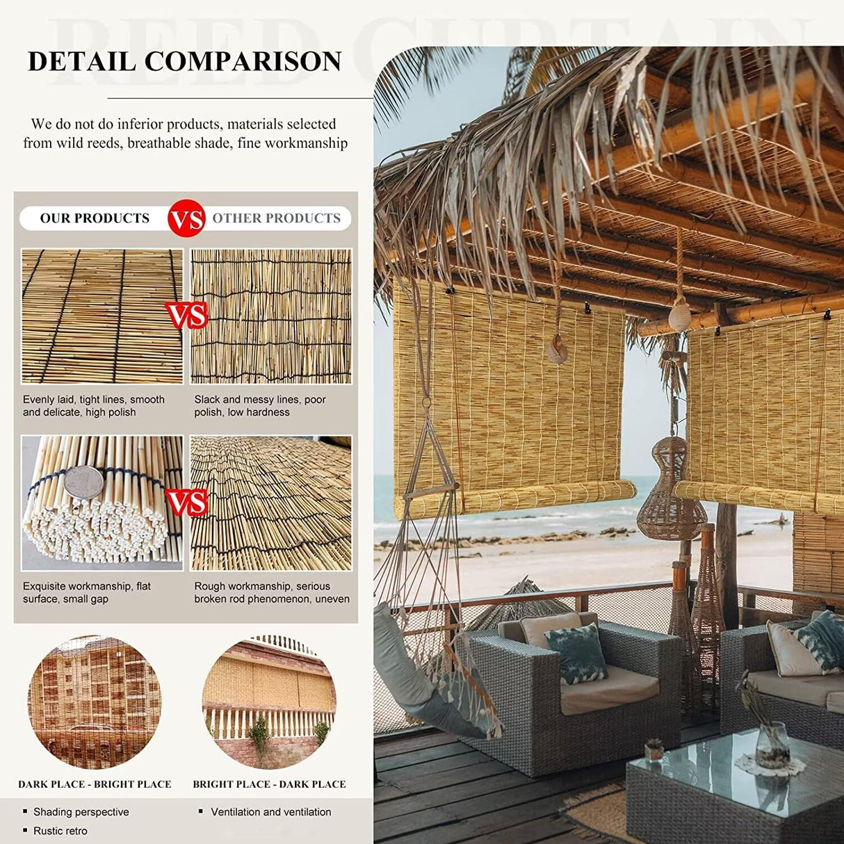 BAYUE Bamboo Reed Roller Blinds, Patio & Porch Blackout, UV Protection, Eco-Friendly, Heat Insulation, Semi-Sheer, Brown, 34"W x 48"H, Manual Lift, Outside Mount, Top Control, Rectangular, 1 Pack BAYUE