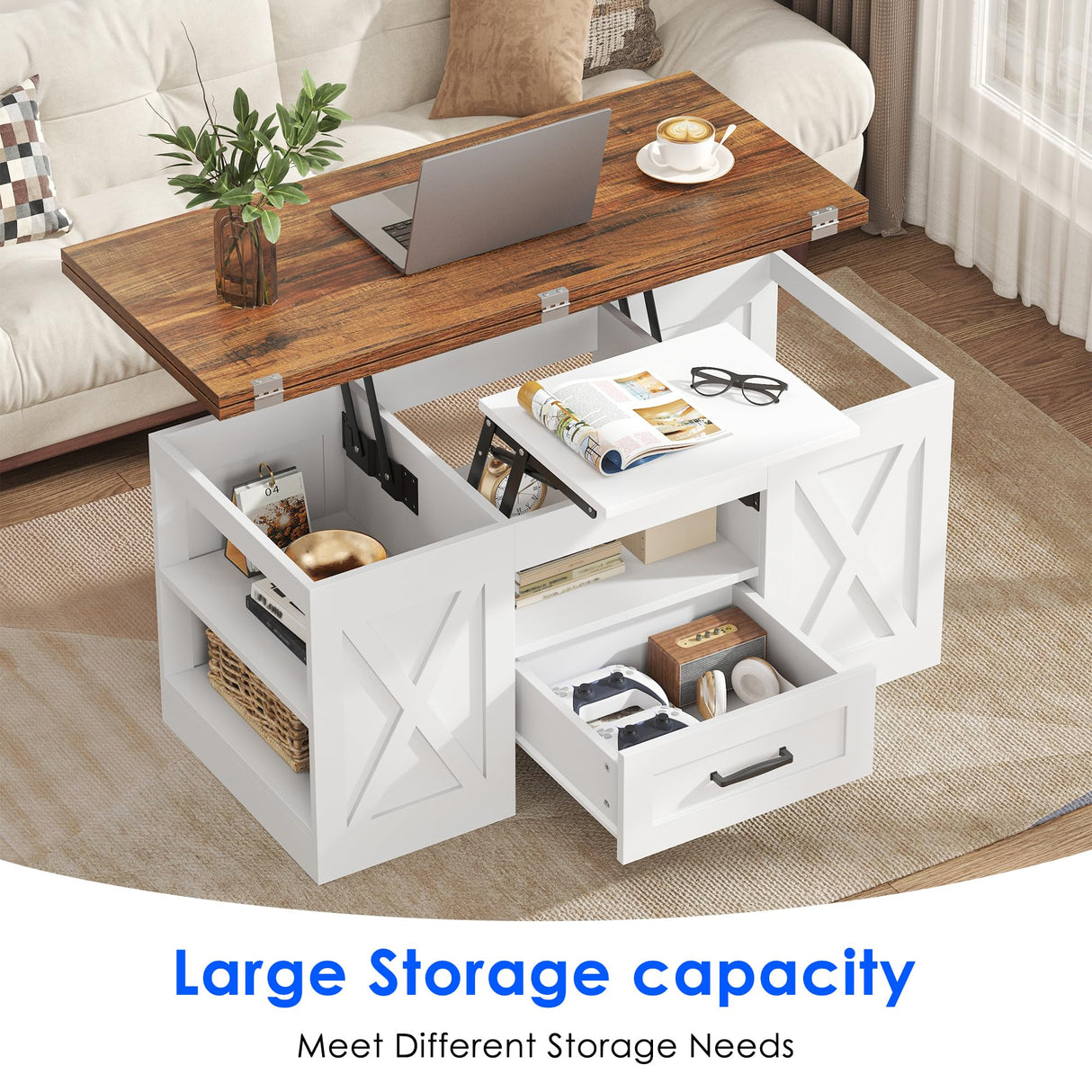 kepptory 39.4'' Lift Top Coffee Table with Storage, 4 in 1 Multi-Function Convertible Coffee Tables for Living Room, Farmhouse Coffee Table with Open Storage Compartment & Drawers (Brown&White) kepptory