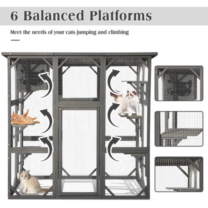 JOVNO Large Outdoor Cat House Catio Kitty Enclosure with Large Enter Door, Wooden Cat Cage Condo Indoor Playpen with 6 Platforms & Small House (Grey) - WoodArtSupply