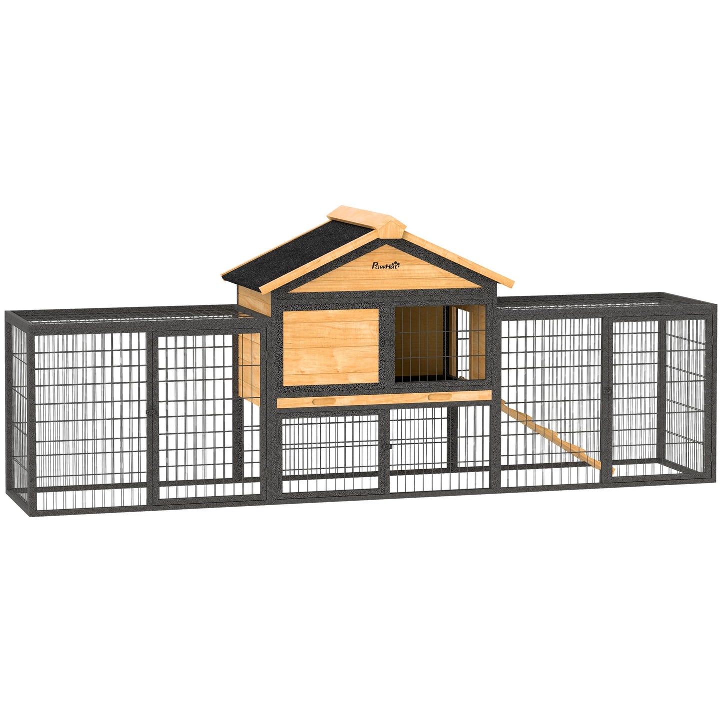 PawHut Rabbit Hutch Outdoor, 85" Large Wooden Bunny Cage with Steel Run, Removable No Leakage Tray, Waterproof Roof, Ramp, Metal Frame Guinea Pig Cage for 2-3 Small Animals Backyard Garden