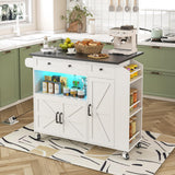 Kitchen Island with Drop Leaf, Rolling kitchen island with power outlet and Led Light, Kitchen Island with Storage Cabinet, Spice Rack, Drawer, Towel Rack, kitchen island on wheels for Dinning Room Aufvolr