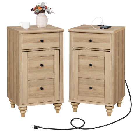 WAMPAT Nightstands with Charging Station, Set of 2 End Table with Power Outlets & USB Ports for Living Room, Modern Side Table with Drawer and Storage Cabinet for Bedroom, Oak WAMPAT