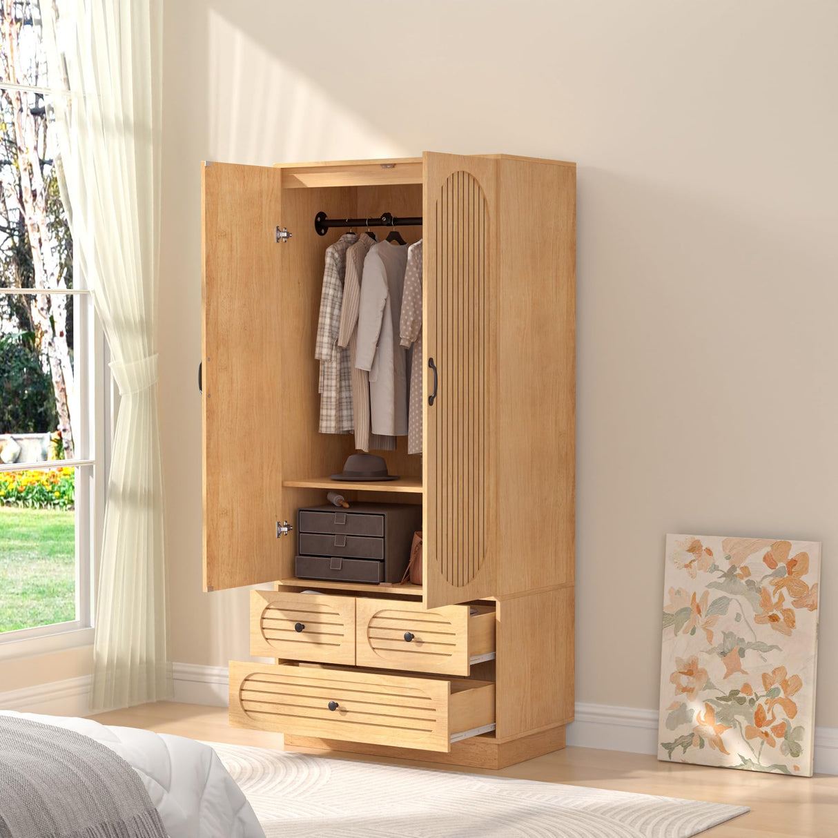 Wood Armoire Wardrobe Closet with Doors, Fluted Wardrobe Cabinet with 3 Drawers, Large Armoire Closet, Tall Clothing Storage Cabinet with Hanging Rod and Shelves, for Bedroom, Laundry, Natural Jluomei