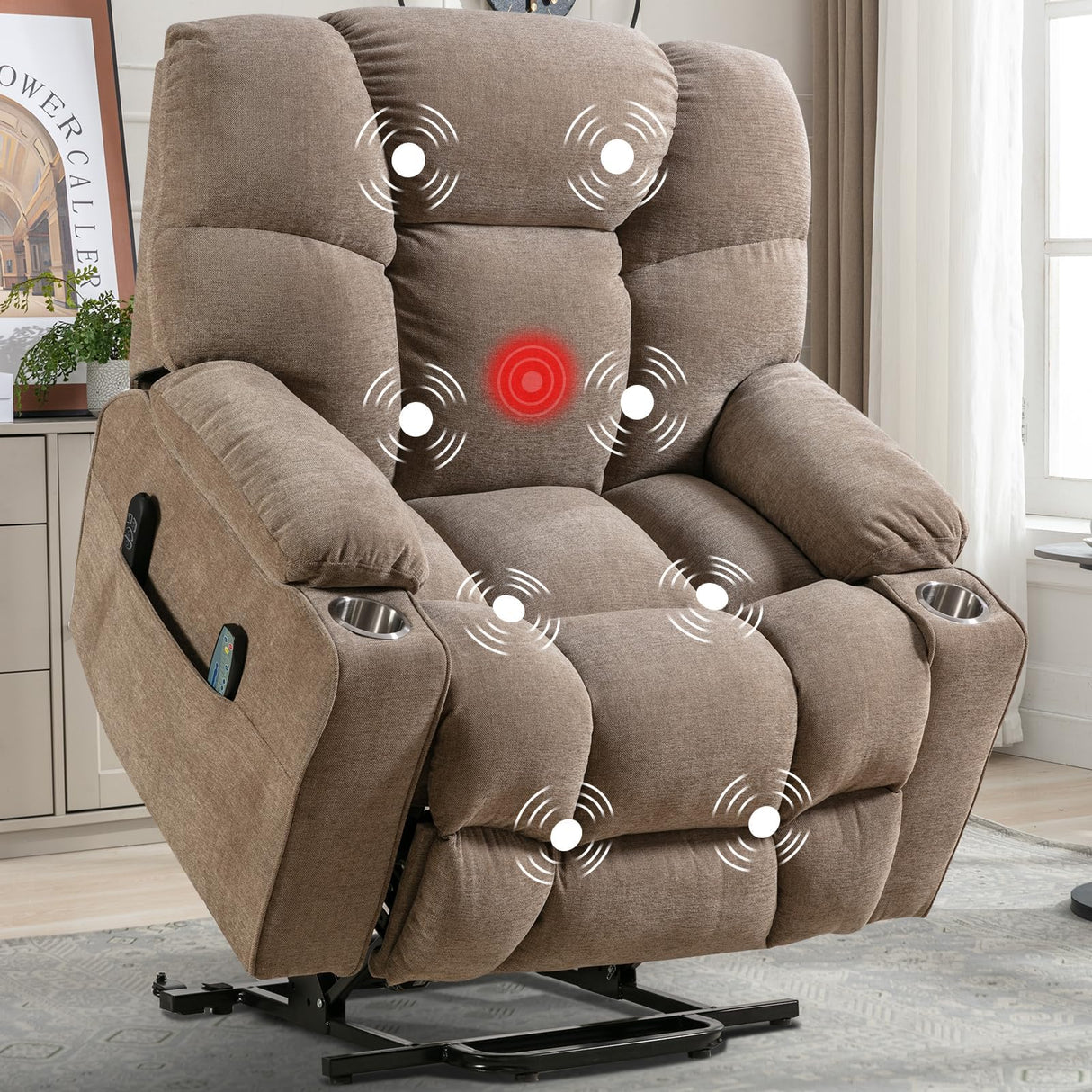 CANMOV Oversized Power Lift Recliner Chair for Elderly, Dual Motor Electric Heavy Duty Lift Recliner with Massage, Heating, with USB Port,Cup Holders and Pockets, Brown CANMOV
