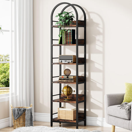 78.7" Industrial Wood 6-Tier Arched Bookshelf with Metal Frame in Rustic Brown Tribesigns