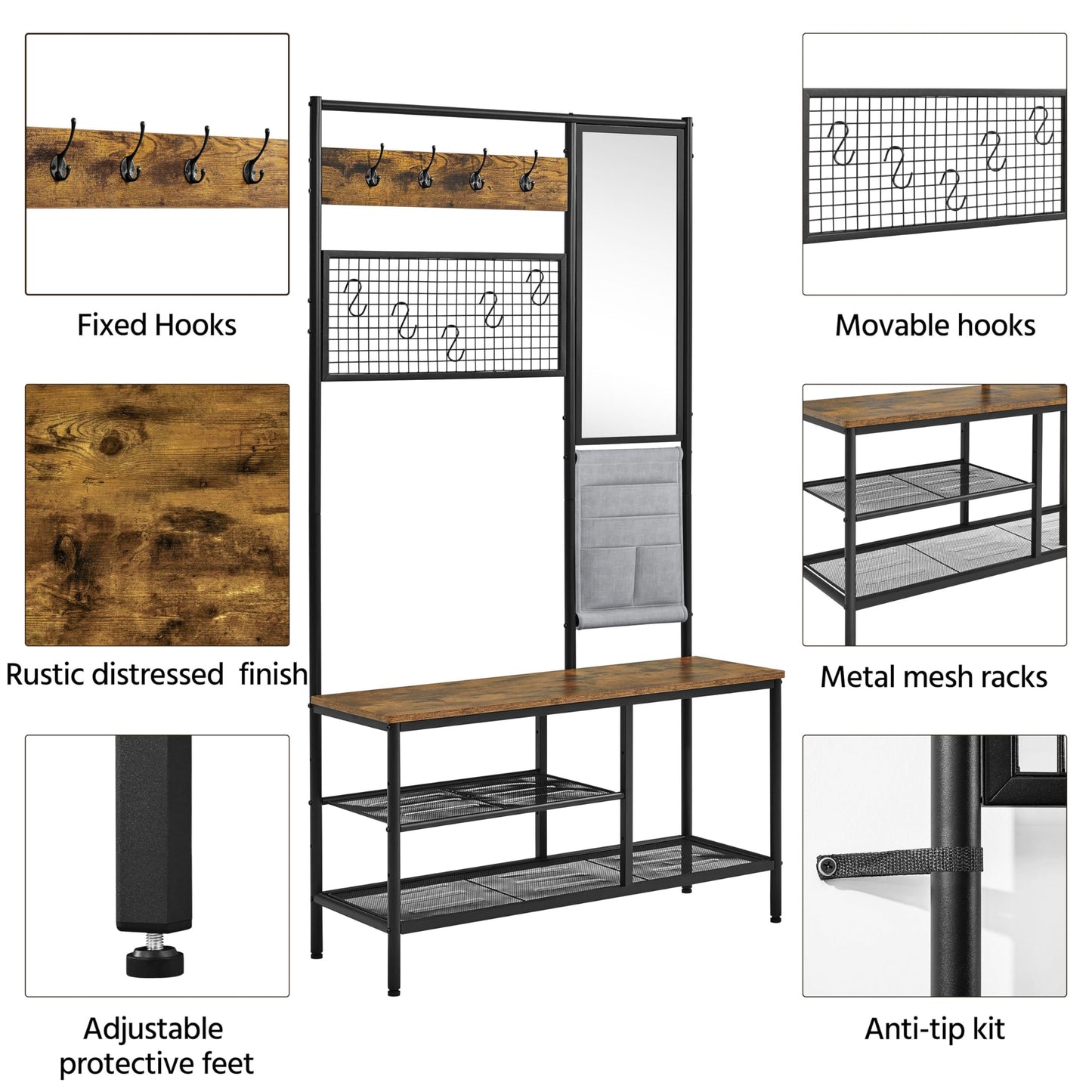 Yaheetech Hall Tree with Shoe Bench, Coat Rack with Mirror & Storage Bag, Entryway Bench with Shoe Storage Shelves, Metal Frame, for Hallway Bedroom Living Room, 6-in-1 Design, Rustic Brown