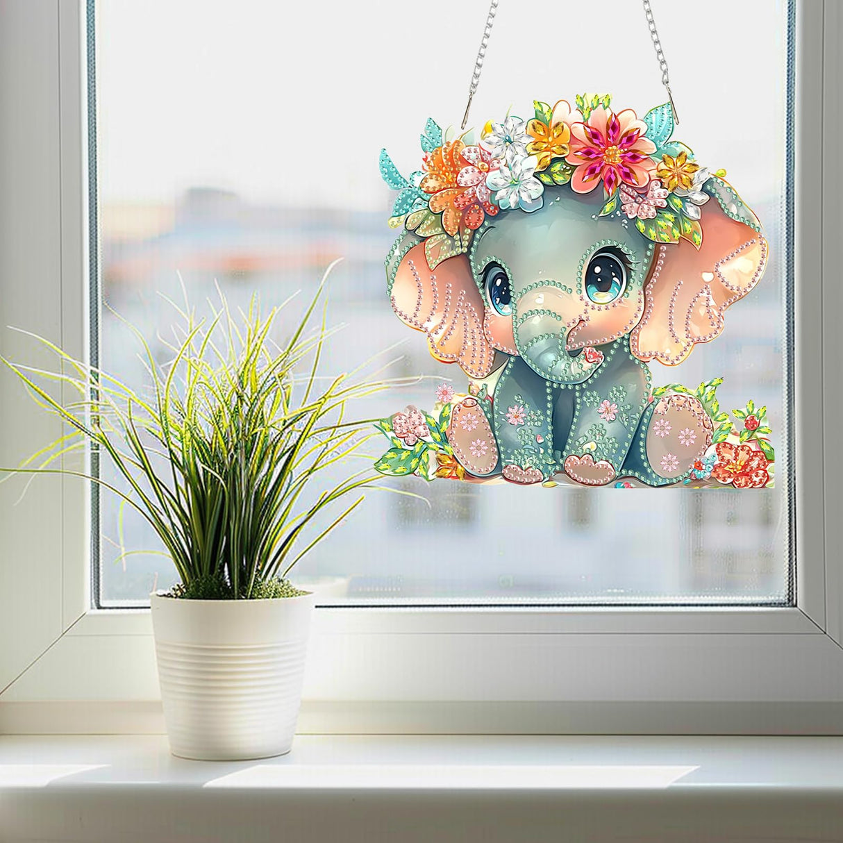 SENQAO Elephant Diamond Art Hanging Kit for Adult, Special Shaped Rhinestone, DIY Acrylic 5D Diamond Art Painting Window Pendants Home Garden Wall Hanging Kits Hanging Ornament SENQAO