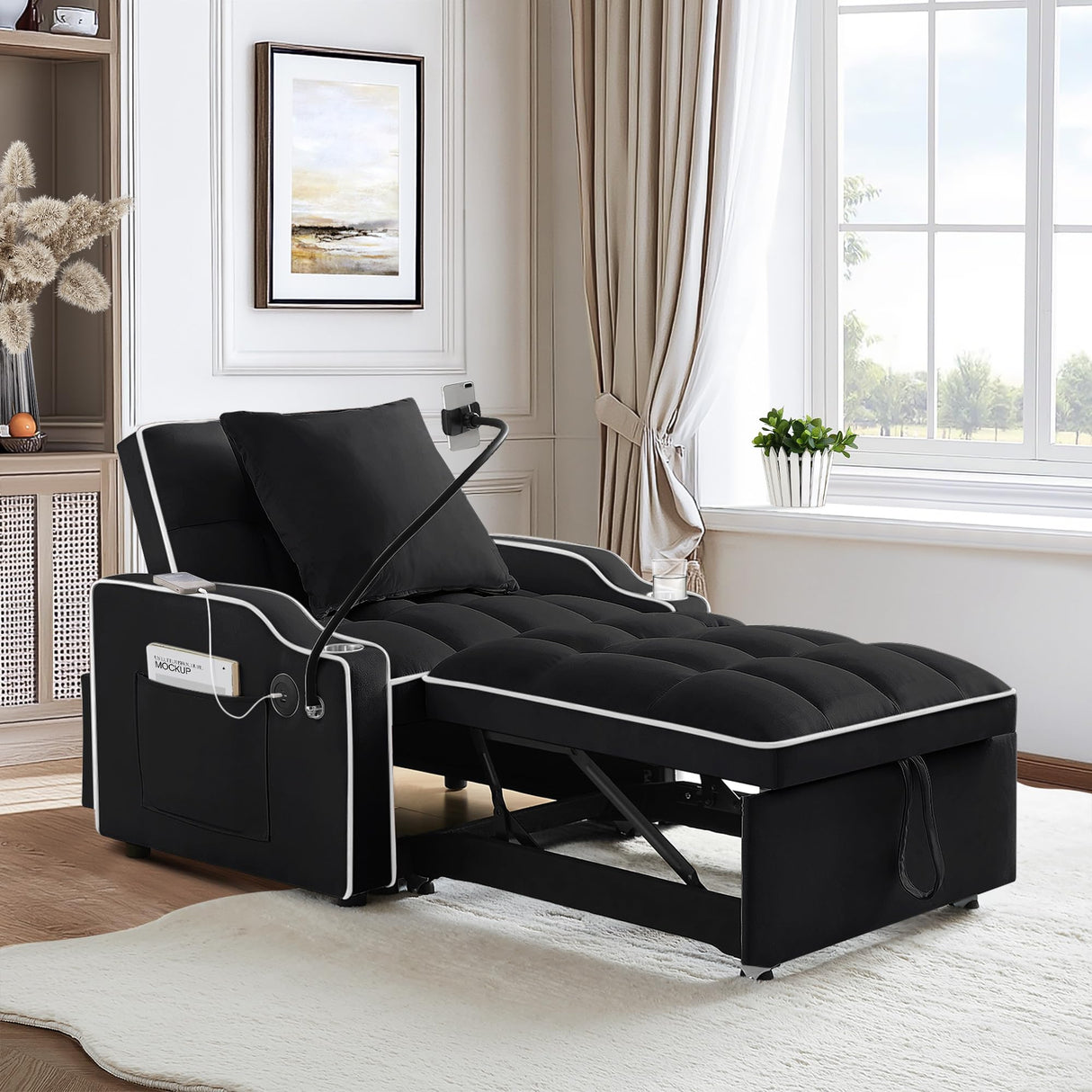 SLEERWAY 3-in-1 Convertible Futon Sofa Bed Chair, Multi-Functional Sleeper Chair Bed with Pull Out Couch and Adjustable Backrest, Modern Velvet Chaise Lounge Armchair for Living Room Bedroom, Black SLEERWAY