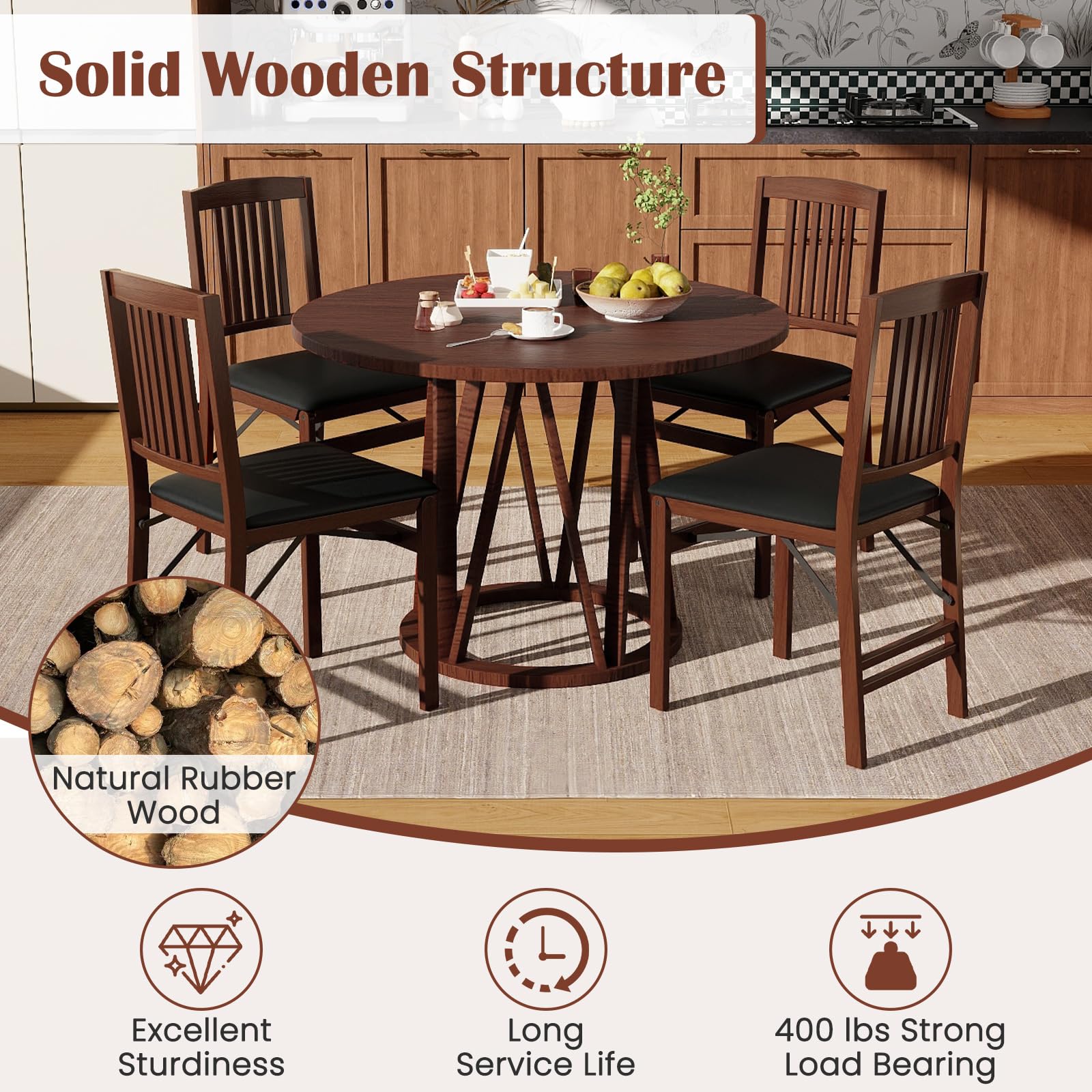 Giantex Folding Dining Chairs Set of 4, Solid Wood Frame, Foldable Wood Kitchen Chairs with Padded Seat, Max Load 400 Lbs, No Assembly, Armless Side Chairs for Apartment Dining Room, Brown &  - WoodArtSupply