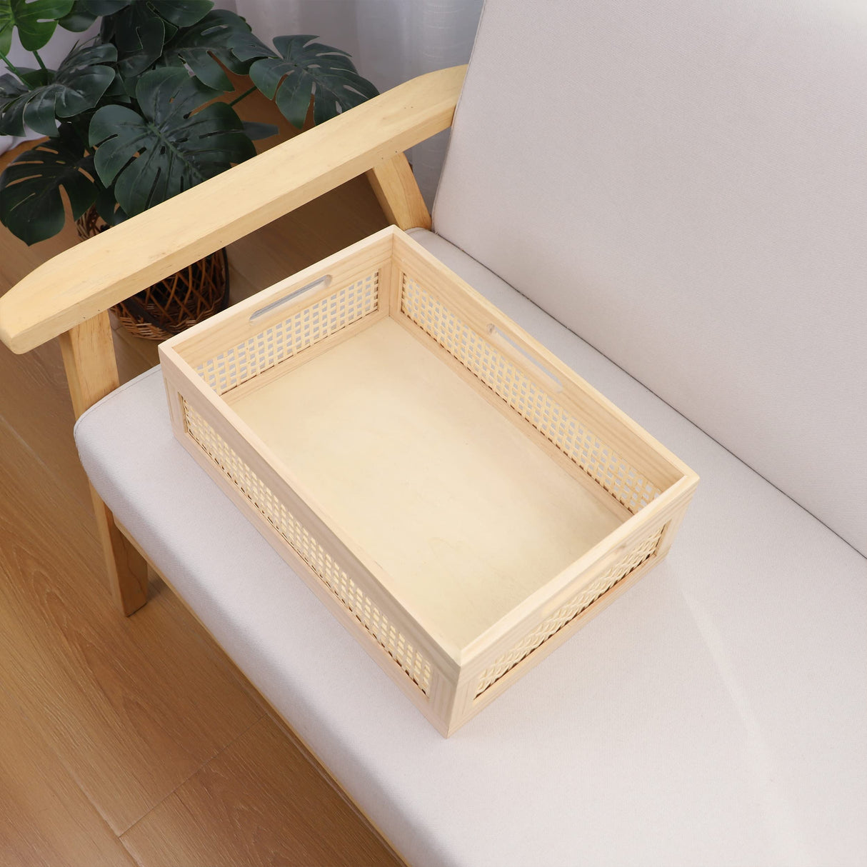 YRMT Wooden Baskets Shallow Wood Storage Basket Crate with Handles Decorative Storage Bins Organizer Rustic Farmhouse Countertop Basket for Shelves,Pantry,Kitchen YRMTKIHE