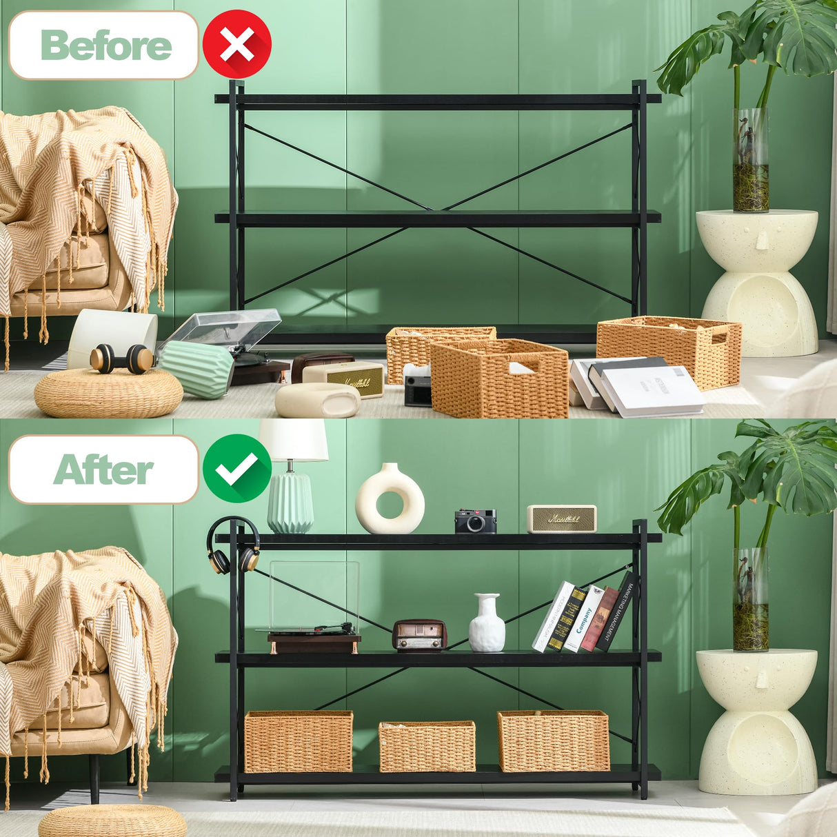 HCHQHS Bookshelf, 3-Tier Long Industrial Bookcase, Black Open Book Shelf, Freestanding Horizontal Bookshelves with Metal Frame HCHQHS