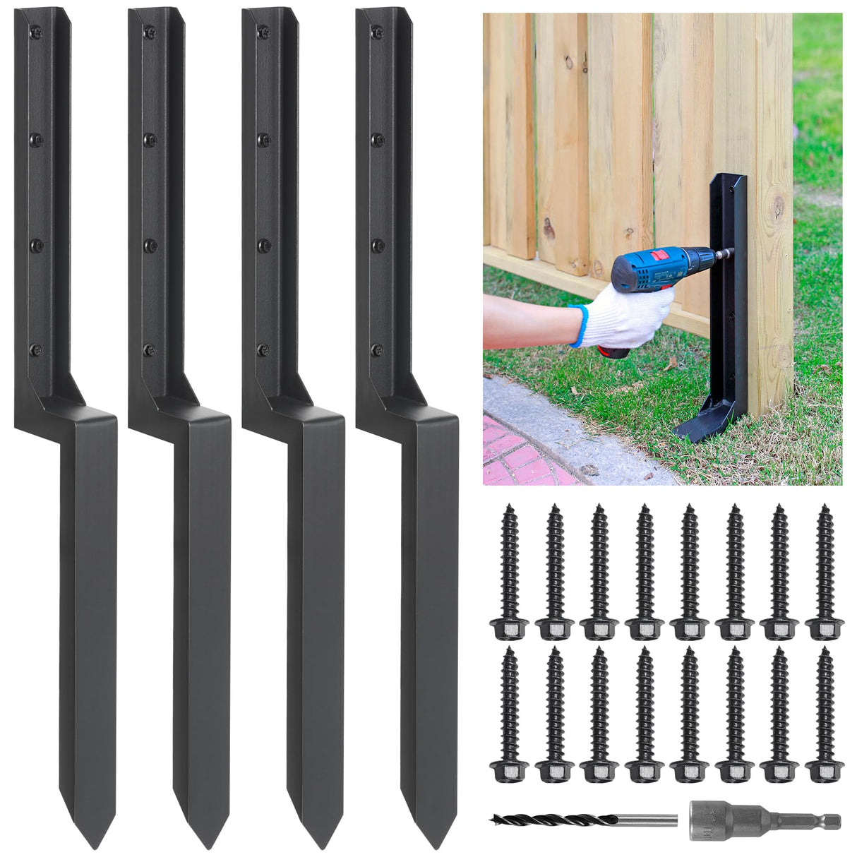 Epcee Heavy Duty Steel Fence Post Repair Stakes, Fence Post Anchor Ground Spike, for Repair Tilted/Broken Wood Fence Post (4 Pack/Black） Epcee