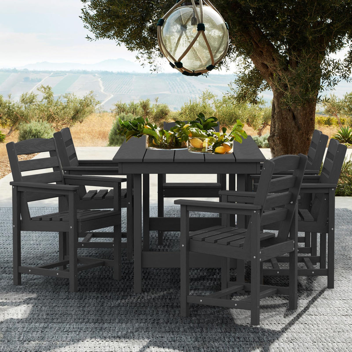 SERWALL Patio Dining Table Sets 5-Piece, Outdoor HDPE Dining Furniture Set with Umbrella Hole Cut-Out Table and 4 Chairs, All Weather Dining Set for Lawn, Garden, Backyard, Poolside, Black SERWALL