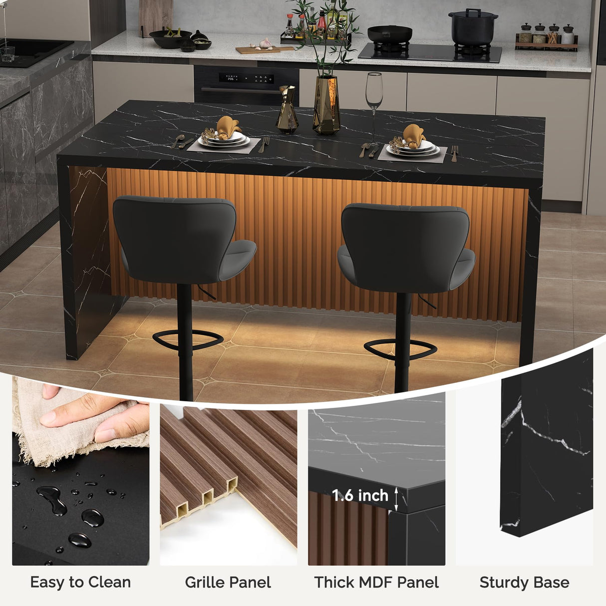 Aivermeil 67" Large Modern Rectangle Dining Table for 4-6 People, Imitation Marble Island Table with LED Lights for Kitchen,Dining Room, Bar, Office, Living Room Aivermeil