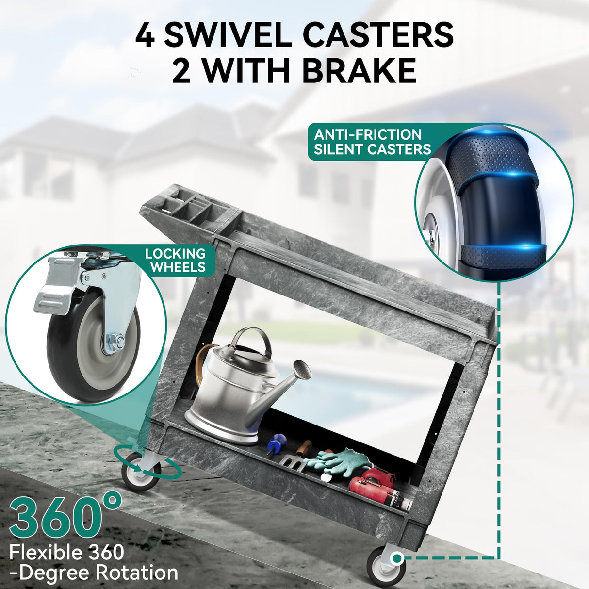 YITAHOME Utility Cart on Wheels, 550 lbs Service Cart 45 x 25 Inch Rolling Work Carts with Wheels, 2 Shelf Heavy Duty Plastic Cart Suitable for Warehouse, Garage, School & Office, Cleaning, Gray YITAHOME